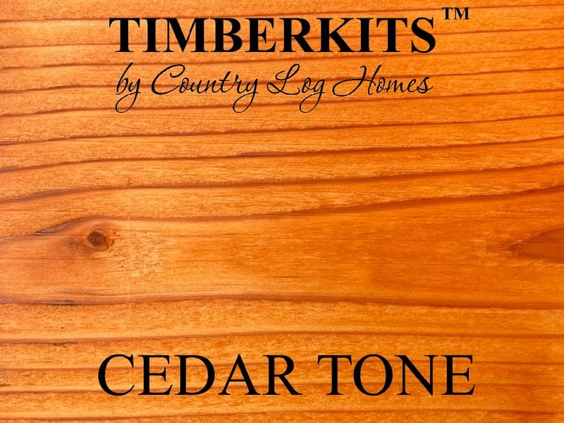 Sample of wood Cedar Tone stain with logo Timberkits by Country Log Homes